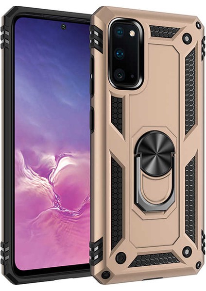 Samsung Galaxy S20 Kılıf Çift Katmanlı Yüzüklü Manyetik Vega Kapak Gold