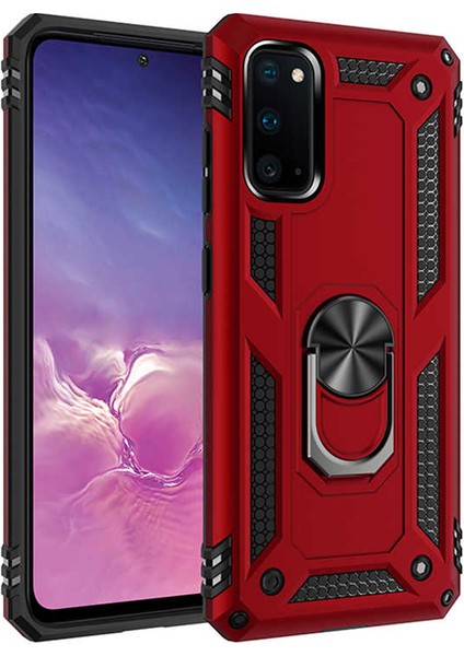 Samsung Galaxy S20 Kılıf Çift Katmanlı Yüzüklü Manyetik Vega Kapak + Tam Kaplayan 3D Cam Ekran Koruyucu Kırmızı