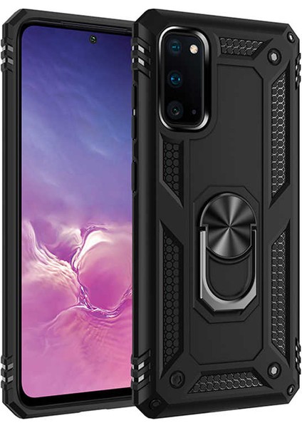 Samsung Galaxy S20 Kılıf Çift Katmanlı Yüzüklü Manyetik Vega Kapak + Tam Kaplayan 3D Cam Ekran Koruyucu Siyah