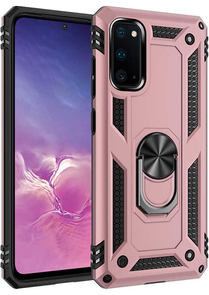 Samsung Galaxy S20 Kılıf Çift Katmanlı Yüzüklü Manyetik Vega Kapak + Tam Kaplayan 6D Polymer Nano Ekran Koruyucu Rose