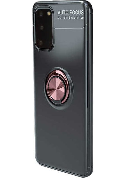 Samsung Galaxy S20 Kılıf Ultra Korumalı Yüzüklü Manyetik Ravel Silikon + Tam Kaplayan 3D Cam Ekran Koruyucu Siyah Rose