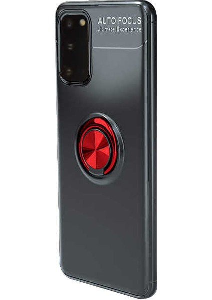 Samsung Galaxy S20 Kılıf Ultra Korumalı Yüzüklü Manyetik Ravel Silikon + Tam Kaplayan 3D Cam Ekran Koruyucu Siyah Kırmızı