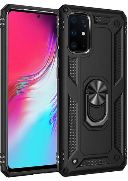 Samsung Galaxy S20 Plus Kılıf Çift Katmanlı Yüzüklü Manyetik Vega Kapak + Tam Kaplayan 3D Cam Ekran Koruyucu Siyah