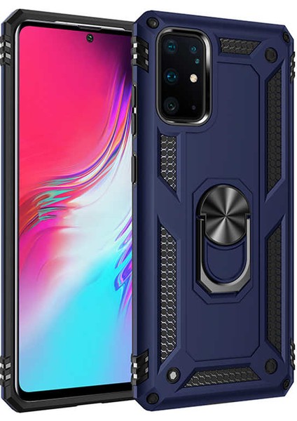 Samsung Galaxy S20 Plus Kılıf Çift Katmanlı Yüzüklü Manyetik Vega Kapak + Tam Kaplayan 3D Cam Ekran Koruyucu Lacivert