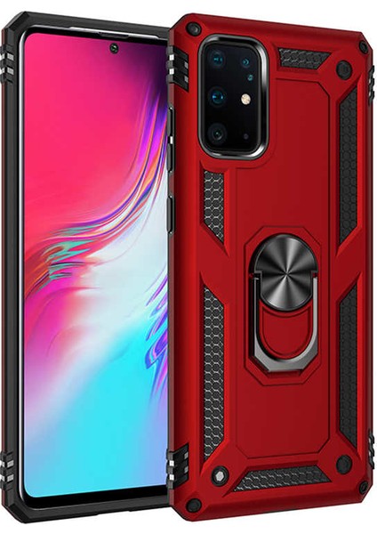 Samsung Galaxy S20 Plus Kılıf Çift Katmanlı Yüzüklü Manyetik Vega Kapak + Tam Kaplayan 3D Cam Ekran Koruyucu Kırmızı