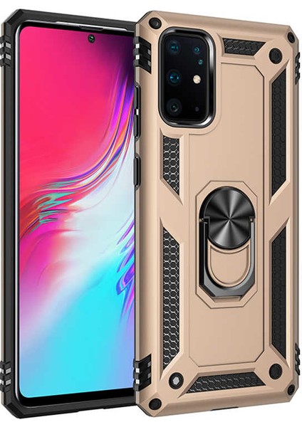 Samsung Galaxy S20 Plus Kılıf Çift Katmanlı Yüzüklü Manyetik Vega Kapak + Tam Kaplayan 3D Cam Ekran Koruyucu Gold