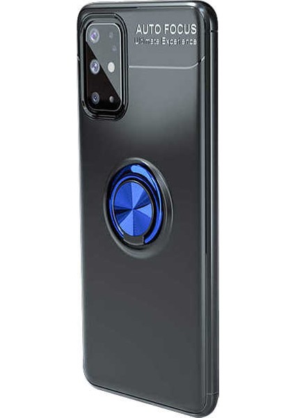 Samsung Galaxy S20 Plus Kılıf Ultra Korumalı Yüzüklü Manyetik Ravel Silikon + Tam Kaplayan 3D Cam Ekran Koruyucu Siyah Mavi