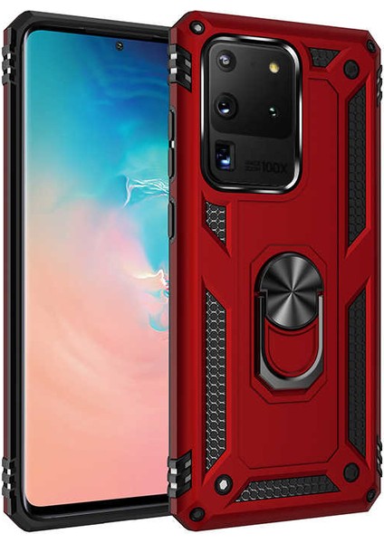 Samsung Galaxy S20 Ultra Kılıf Çift Katmanlı Yüzüklü Manyetik Vega Kapak + Tam Kaplayan 3D Cam Ekran Koruyucu Kırmızı