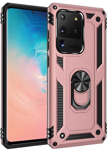 Samsung Galaxy S20 Ultra Kılıf Çift Katmanlı Yüzüklü Manyetik Vega Kapak + Tam Kaplayan 3D Cam Ekran Koruyucu Rose