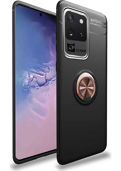 Samsung Galaxy S20 Ultra Kılıf Ultra Korumalı Yüzüklü Manyetik Ravel Silikon + Tam Kaplayan 3D Cam Ekran Koruyucu Siyah Rose