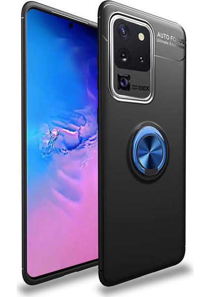 Samsung Galaxy S20 Ultra Kılıf Ultra Korumalı Yüzüklü Manyetik Ravel Silikon + Tam Kaplayan 6D Polymer Nano Ekran Koruyucu Siyah Mavi