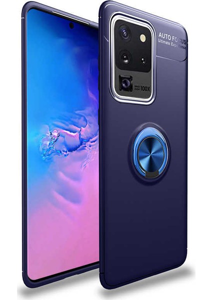 Samsung Galaxy S20 Ultra Kılıf Ultra Korumalı Yüzüklü Manyetik Ravel Silikon + 360 Full Body Ekran Koruyucu (Ön-Arka) Lacivert