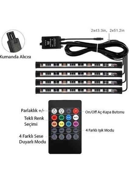 Ayak Altı 9 LED Araç Içi Sese Duyarlı Rgb LED Kumandalı