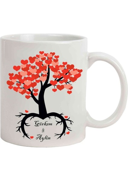 İsme Özel Kalpli Aşk Ağacı Temalı Kupa Bardak​​