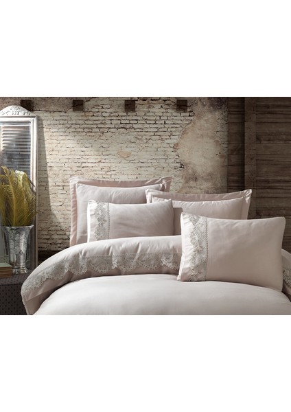 Gipürlü Pamuk Saten Çift Kişilik Nevresim Takımı Inci Bej