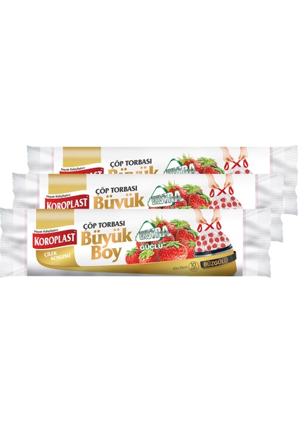 Ekstra Güçlü Büyük Boy Çilek Kokulu Büzgülü Çöp Torbası 65X70CM - 10'lu x 3 Adet Avantajlı