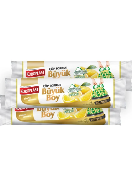 Ekstra Güçlü Büyük Boy Limon Kokulu Büzgülü Çöp Torbası 65X70CM - 10'lu x 3 Adet Avantajlı