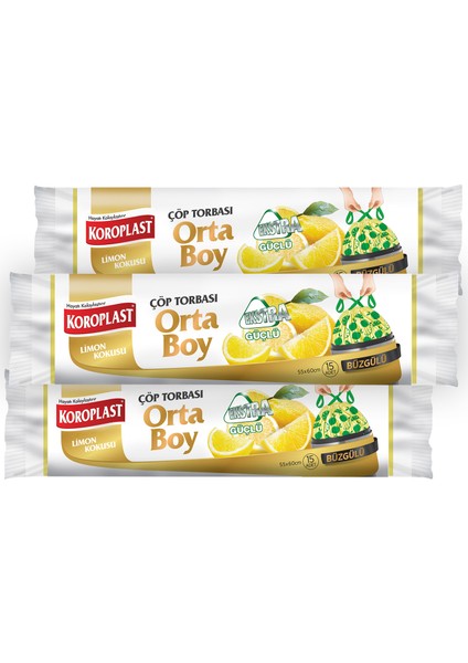 Ekstra Güçlü Orta Boy Limon Kokulu Büzgülü Çöp Torbası 55X60CM - 15'li x 3 Adet Avantajlı