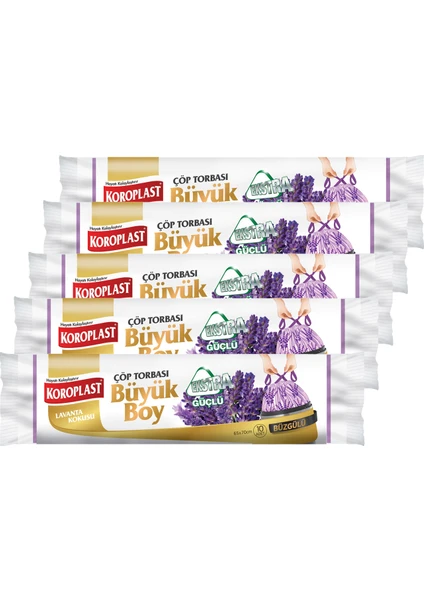 Ekstra Güçlü Büyük Boy Lavanta Kokulu Büzgülü Çöp Torbası 65X70CM - 10'lu x 5 Adet Avantajlı