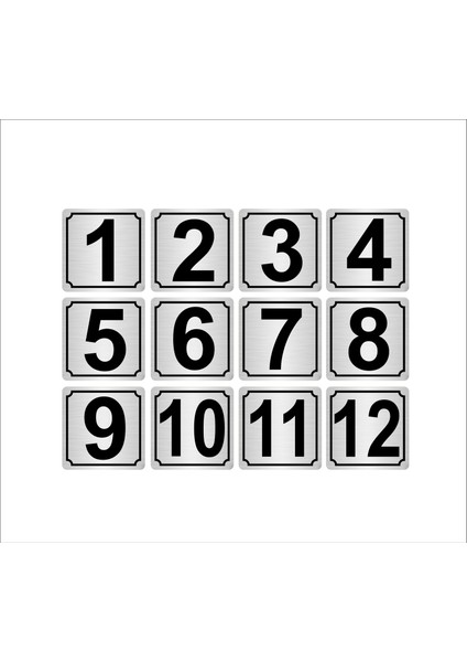 Metal Kapı Masa Dolap Numarası 4 x 4 cm 12'li 1-12 Gümüş