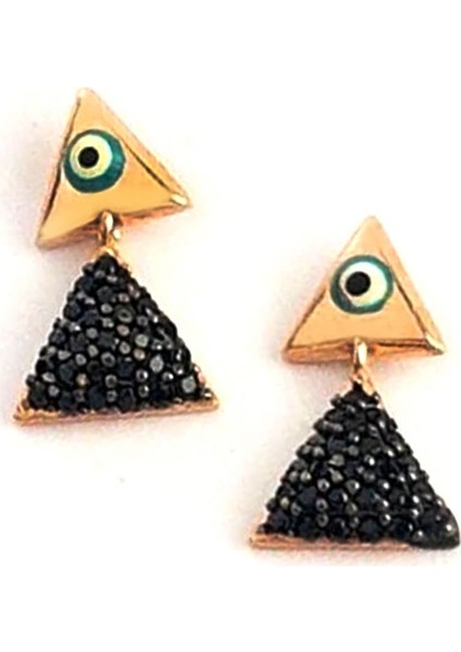 Nazar Boncuklu ve Oniks Taşlı Üçgen Figürlü Gümüş Küpe