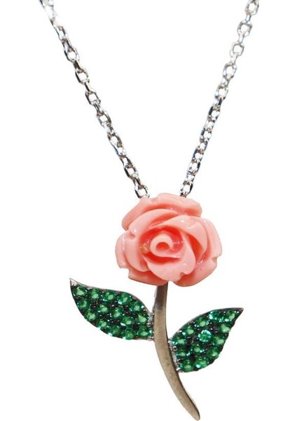 925 Ayar Gümüş Zirkon Taşlı Pembe Gül Kolye