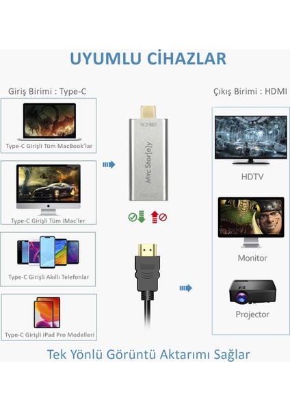 Type-C to HDMI Dönüştürücü 4K Full HD Macbook Air Pro iPad Pro Surface Pro ile Uyumlu