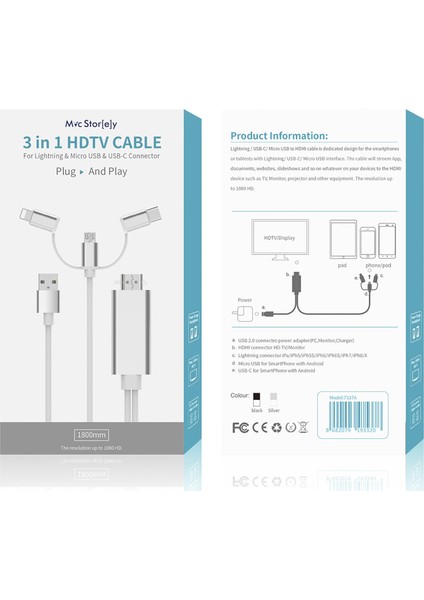 Lightning Çevirici HDMI USB-C Dönüştürücü Micro USB Çevirici 3 lü Dönüştürücü 1080P