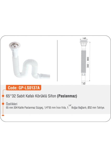 Lavabo Sifonu Körüklü Su Gideri Beyaz 65 x 32 cm fiyatları