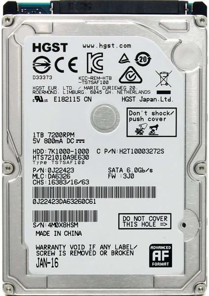 Travelstar 7K1000 2.5" 1TB 7200RPM Sata 3 Hard Disk HTS721010A9E630