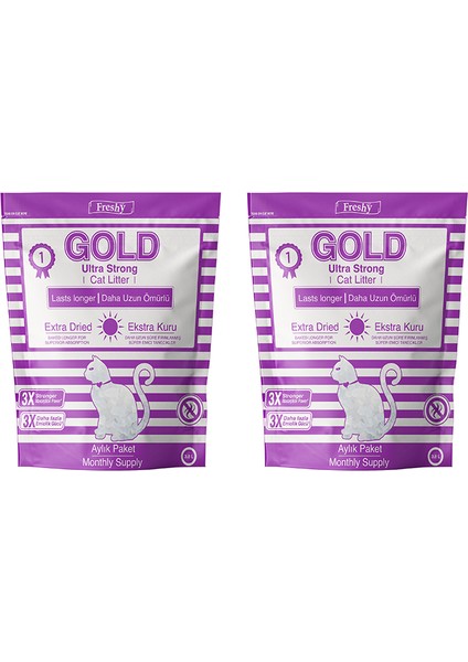 Gold Silika Kristal Kedi Kumu - 2 Aylık Set - 2 Adet Kalın Taneli 3,8 Litrelik Paket