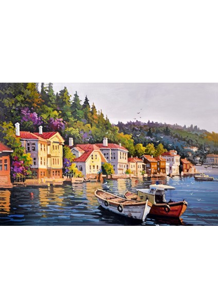 Yağlı Boya İstanbul Kıyıda Tekneler Kanvas Tablo