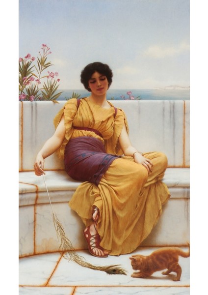 Yağlı Boya Kediyle Oynayan Kadın J. William Godward Kanvas Tablo