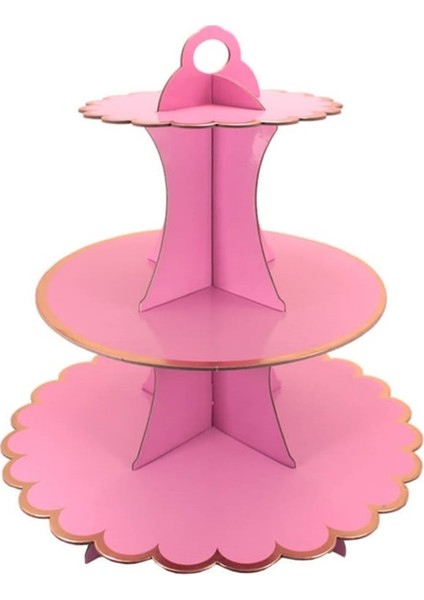 Süsle Bebek ve Parti CupCake Standı 3 Katlı Metalik Altın Çerçeveli Pembe