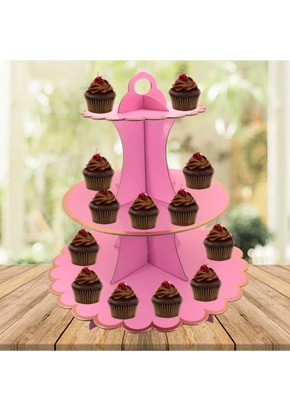 Süsle Bebek ve Parti CupCake Standı 3 Katlı Metalik Altın Çerçeveli Pembe fırsatları