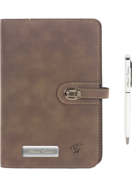 İsme Özel Deri Kapaklı Organizerli Defter ve Kalem Seti - Vizon