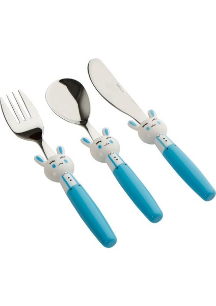 Mini Rabbit Çocuk Çatal Kaşık Bıçak Takımı 3 Parça - Mavi