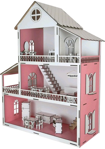 Ahşap Oyun Evi Üç Katlı 32 Parça Mobilyalı Pembe