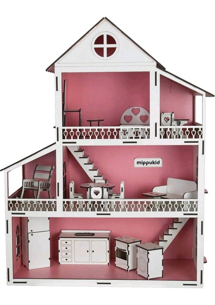 Ahşap Oyun Evi Üç Katlı Ahşap Mobilyalı Pembe fiyatları