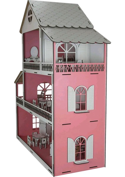 Ahşap Oyun Evi Üç Katlı Ahşap Mobilyalı Pembe