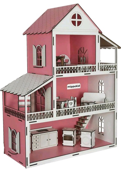 Ahşap Oyun Evi Üç Katlı Ahşap Mobilyalı Pembe modelleri