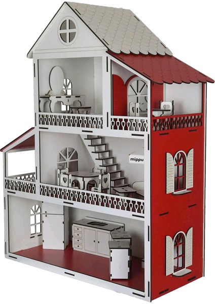 Ahşap Oyun Evi Üç Katlı Ahşap Mobilyalı Kırmızı