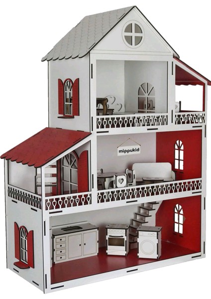 Ahşap Oyun Evi Üç Katlı Ahşap Mobilyalı Kırmızı modelleri