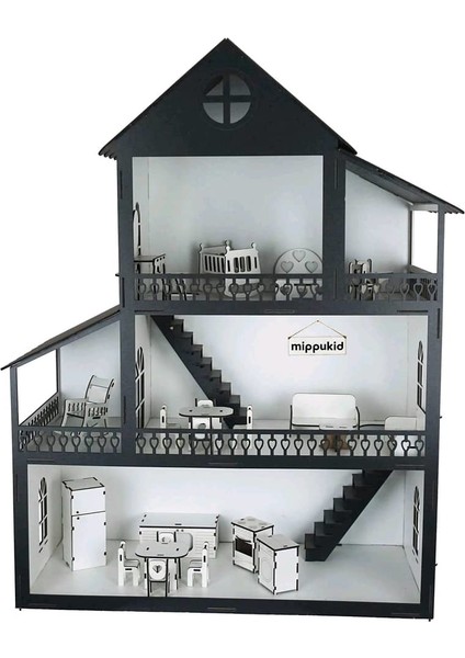 Ahşap Oyun Evi Üç Katlı 32 Parça Mobilyalı Siyah