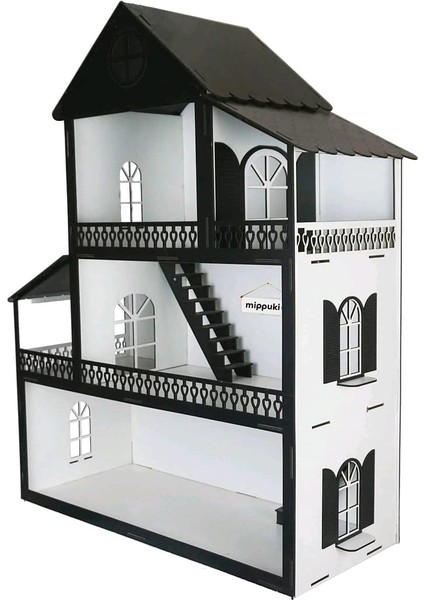 Ahşap Oyun Evi Üç Katlı 32 Parça Mobilyalı Siyah fiyatları