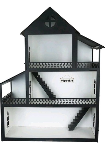 Ahşap Oyun Evi Üç Katlı 32 Parça Mobilyalı Siyah modelleri
