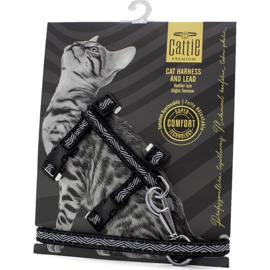 Cattie Özel Desenli Dokumadan El Yapımı Kedi Göğüs & Gezdirme Takımı Siyah