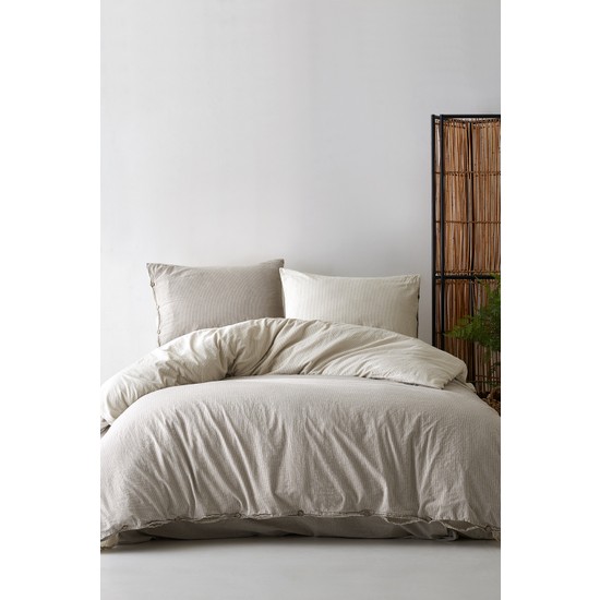 Berolige Cottage Çizgili Pamuklu Kahverengi Çift Kişilik Nevresim Takımı 200 x 220 cm Bej Desenli