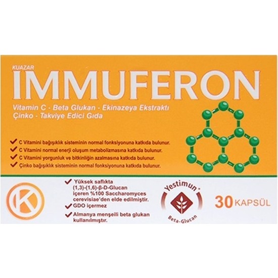 Immuferon Vitamin C - Beta Glukan - Ekinazeya - Çinko İçeren Takviye Edici Gıda 30 Kapsül