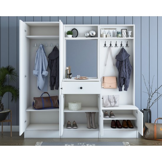 Rani Modern Çekmeceli Aynalı Portmanto Ayakkabılık